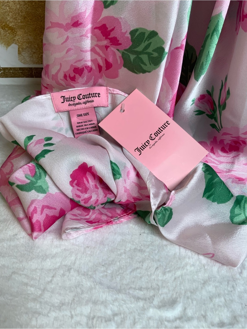 Juicy Couture Pink Rose Print Satin Scarf with Green Leaves - Picture 2 of 3